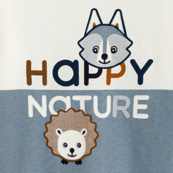 تيشيرت أزرق مع ألوان متناقضة عليه حيوان للأولاد الصغار.